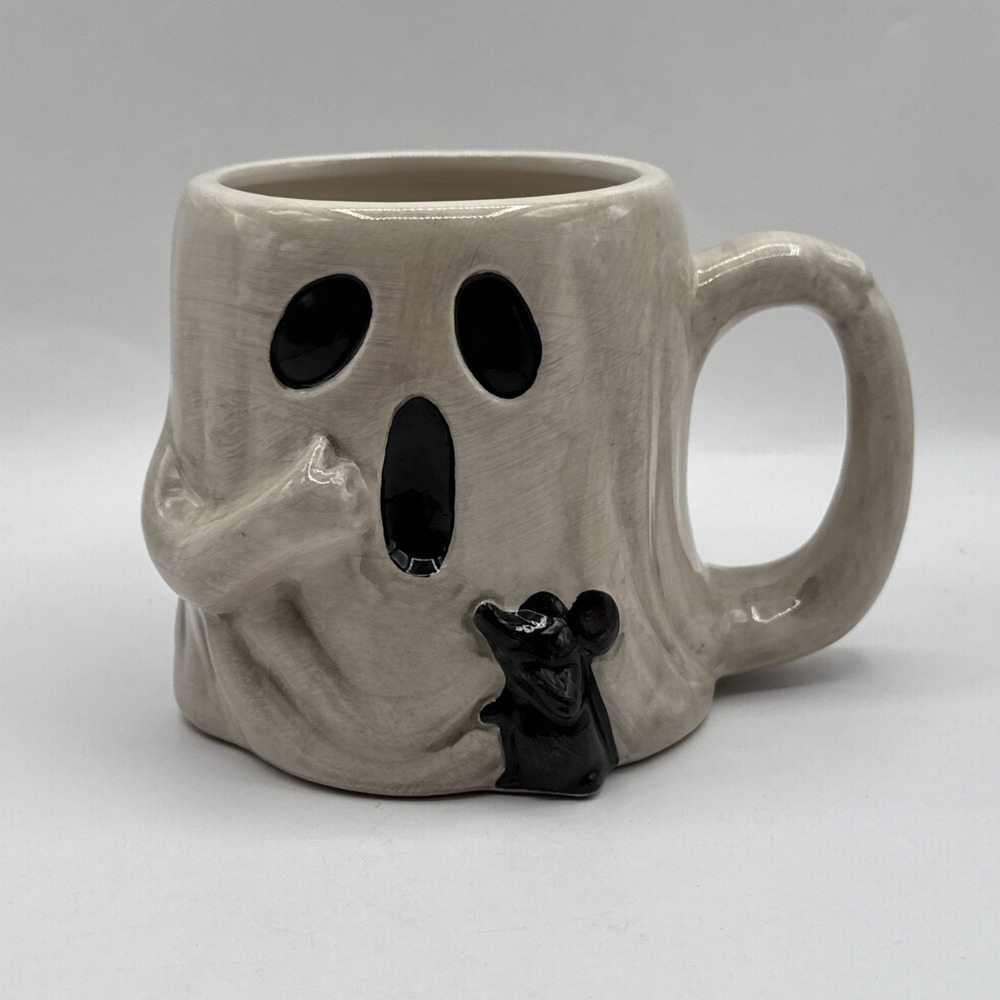 Blue Sky Pottery Clayworks ~ Halloween Ghost & Mouse White & Black Mug